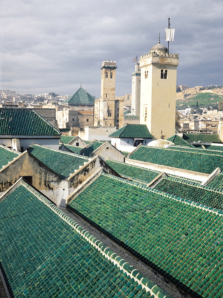 Morocco, Fes, Kerayuin Mosque, Overview On Roofs Made Of Green Tiles