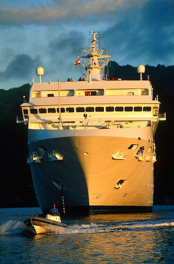 French Polynesia, Gastronomic Cruise On M/S Paul Gauguin, The Ship In Moorea Cooks Bay At Dusk 