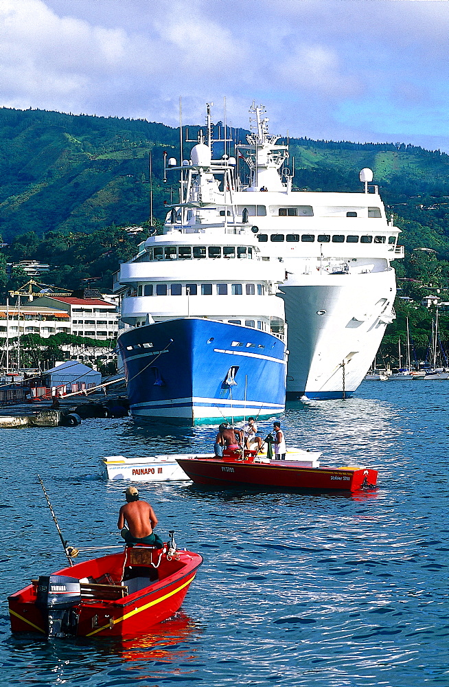 French Polynesia, Gastronomic Cruise On M/S Paul Gauguin, The Ship At Quay In Papeete Island Of Tahiti, Fishing Speed Boat At Fore 