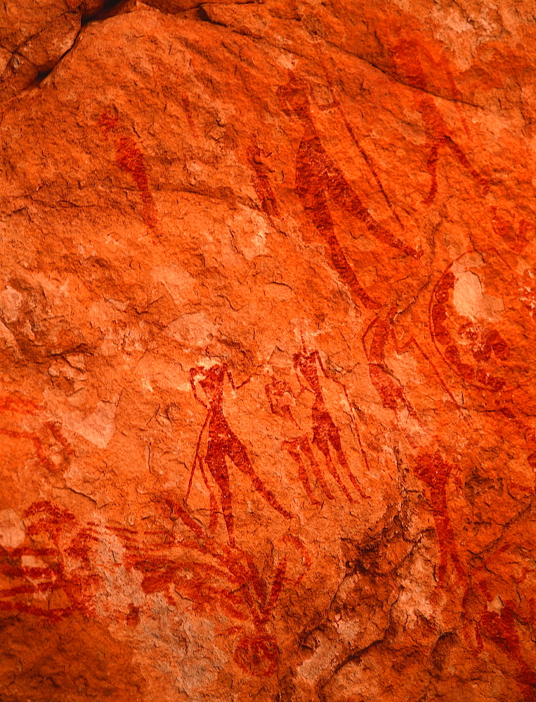 Algeria, Sahara, Tassili M'ajjer, 120 Km Of Djanet Oasis, Tikoubadouine Desert, Prehistoric Frescoe On A Cave Wall 