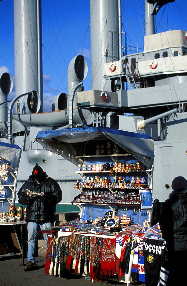 Russia, Saint Petersburg, Aurorac War Ship Museum And Souvenirs Stall At Fore 