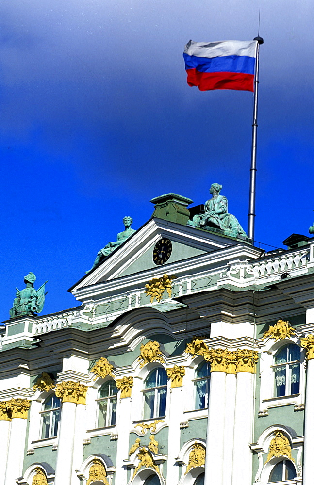 Russia, Saint Petersburg, Hermitage Museum In Winter Palace, Facade And Flag On Palace Square,  