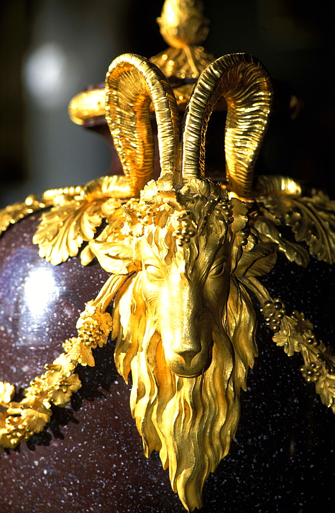 Russia, Saint Petersburg, Pavlovsk Castle, Close Up Of Monumental Vase, Golden Head Of Ram 