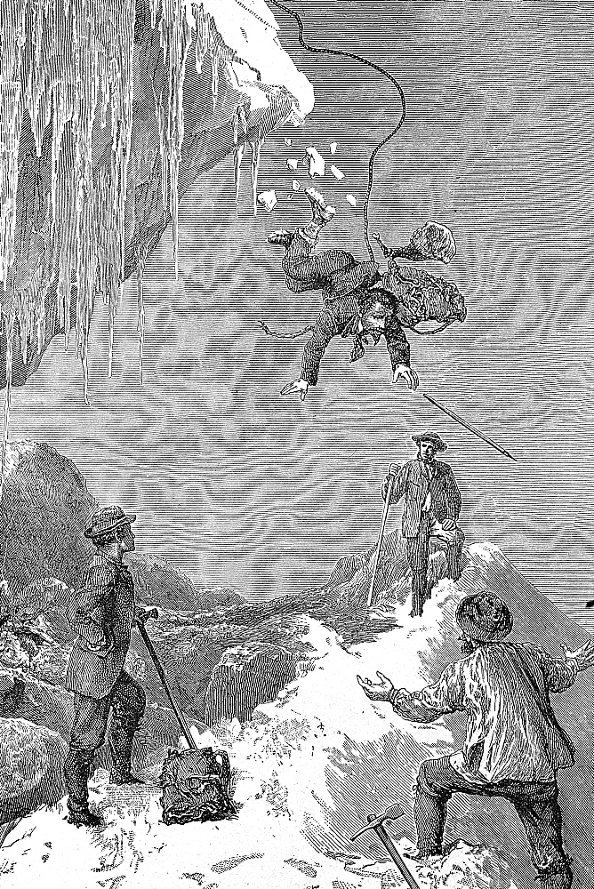 France, Alps In Winter, Xixth Century Engraving, Man Falling From Glacier Among Alpinists 