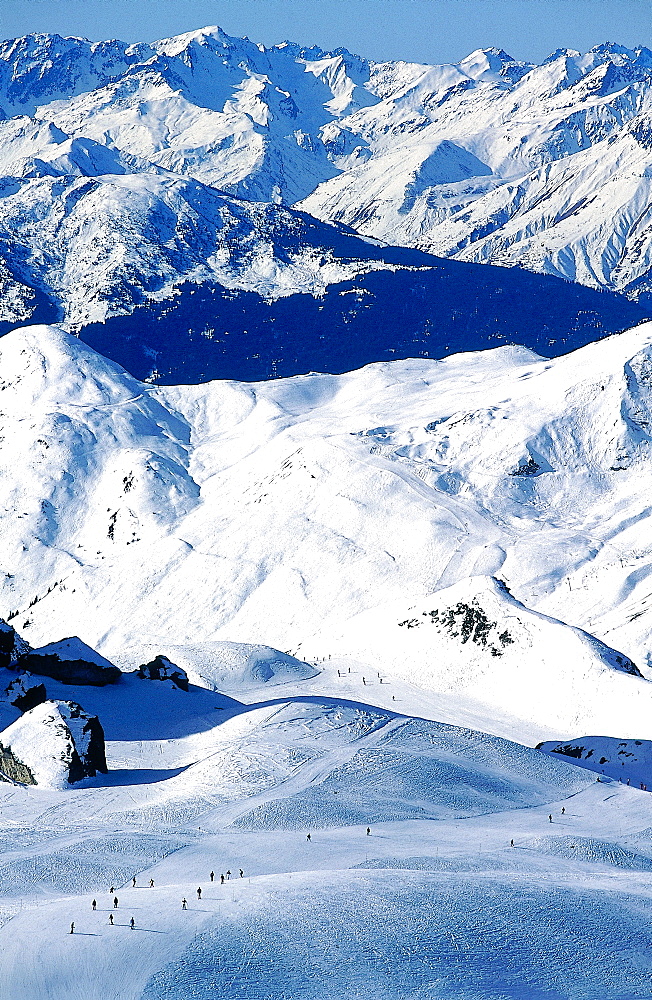 France, Alps In Winter, Aerial Of A Mountains Landscape Above Courchevel, Ski Trail At Fore,  