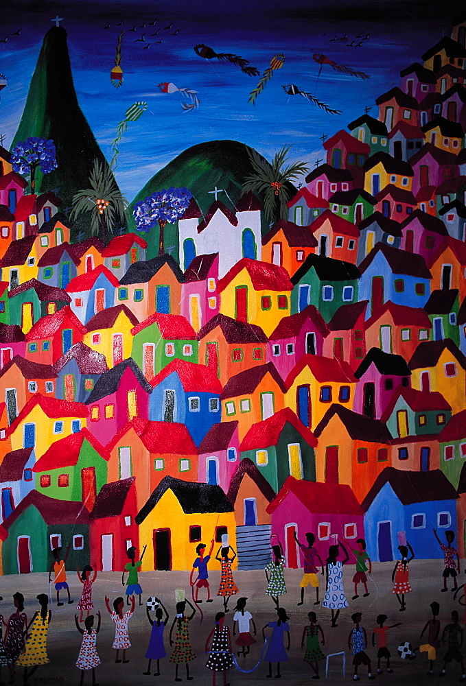 Brazil, Rio De Janeiro.Naive Painting Representing A Rio Favella (Crowded Slums On The City Sloppy Hills)