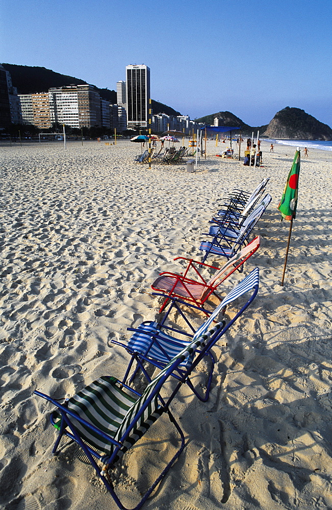 Brazil, Rio.Copacabana Beach.The Beach At End Of Day With Empty Chairs