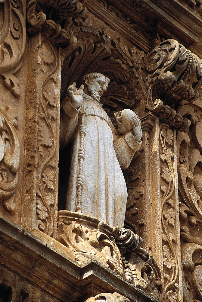 Brazil, Salvador De Bahia.Ancient Pelourinho Neighbourhood.Statue Of San Francisco Holding A Skull. Sao Francisco Church