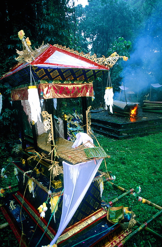 Indonesia, Bali, Cremation Ceremony, At Fore The Baldachin Used To Carry The Body To The Cremation Place