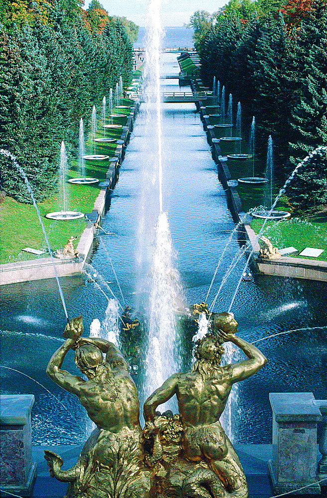 Russia, St-Petersburg, Pedrovorets, Peterhof Palace And Park, Goldened Statues Of The Great Waterfall, The Canal Leading To The Baltic Sea (Architect Leblond)