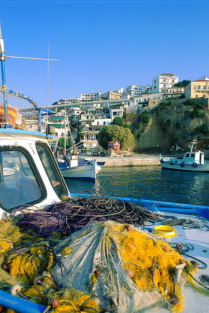 Greece, Crete, Agia Galini Small Fishing Village, The Harbour, Nets At Fore