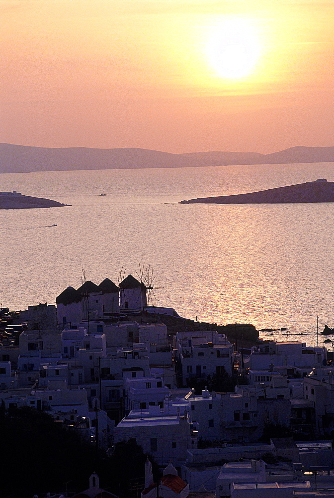 Greece, Cyclades, Mykonos Island, The Village At Dusk, Windmills On To P Of A Mill