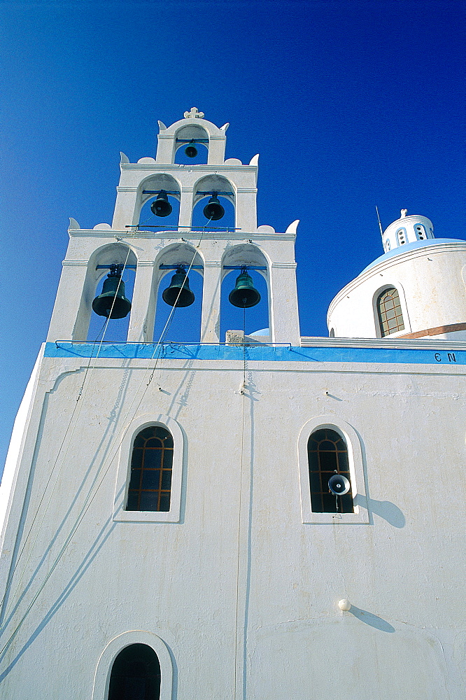 Greece, Cyclades, Santorini Island, White Chapel Facade, Belfry And Dome