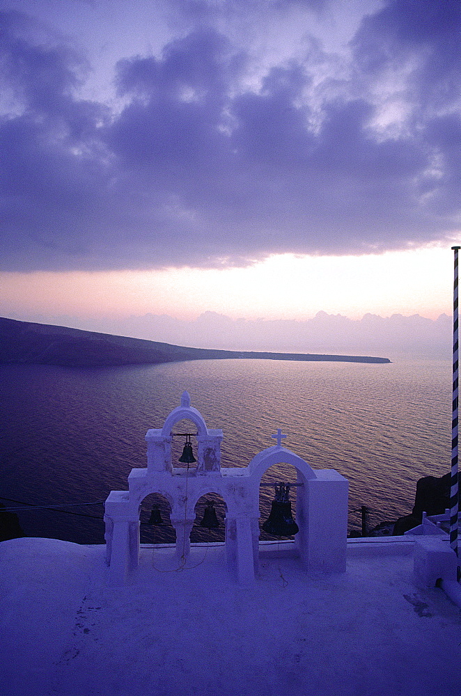 Greece, Cyclades, Santorini Island, View On The Sea In Side The Caldera In Ia Village At Dusk