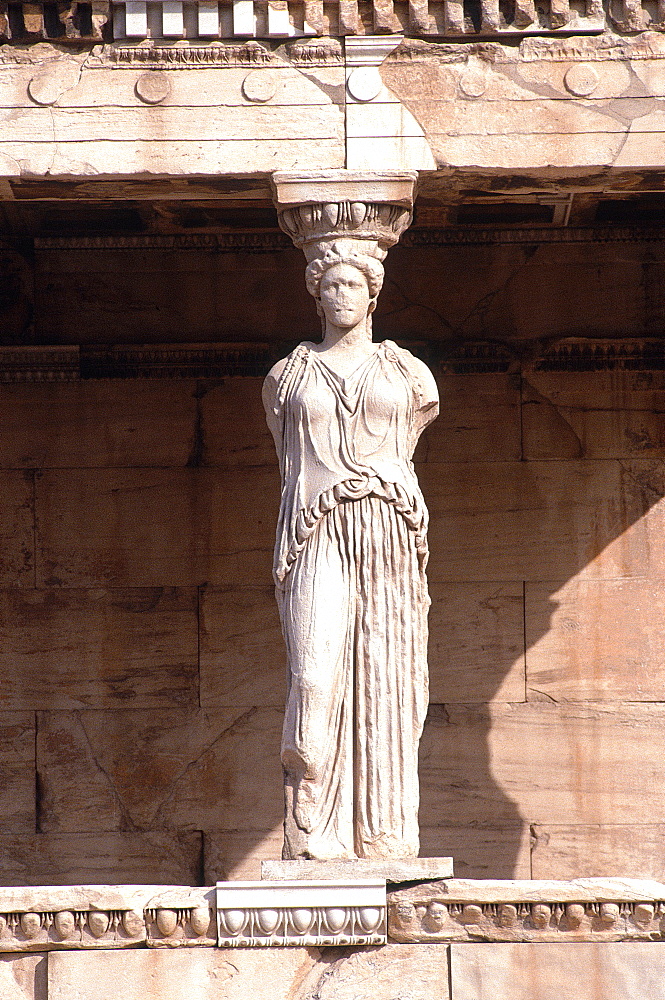 Greece, At Hens, Acropolis, The Caryatids Temple, Detail Of A Caryatid Bearing The Roof