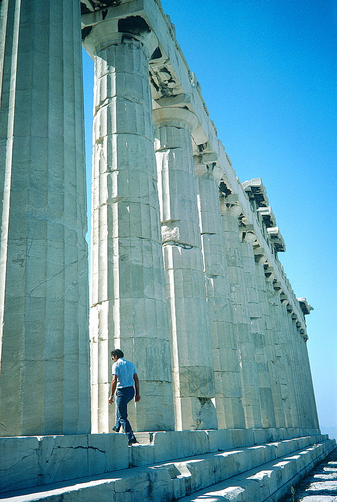 Greece, At Hens, Acropolis, Man Entering The Parthenon Temple