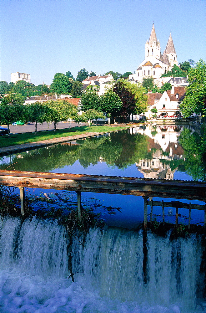 France, To Uraine Val-De-Loire, In Dre-Et-Loire, Loches, The Medieval Church Saint-Michel On To P Of Castle Hill, Canal At Fore