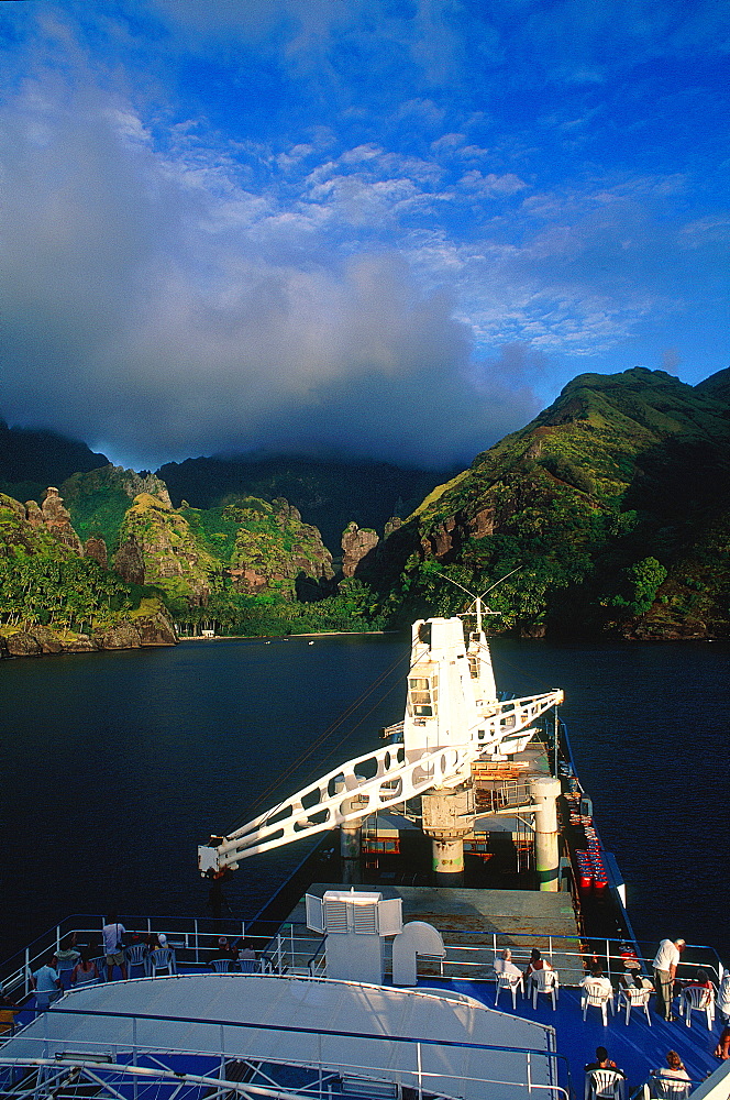 French Polynesia, Marquesas Archipelago, Fatu-Hiva Island, Hanavave Bay, Overview On Bay And Freighter Aranui