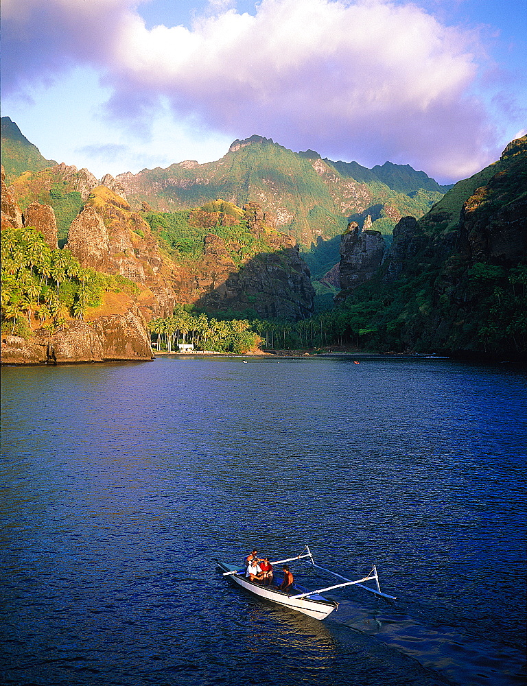 French Polynesia, Marquesas Archipelago, Fatu-Hiva Island, Hanavave Bay, Overview On The Bay At Dusk, Outrigger At Fore