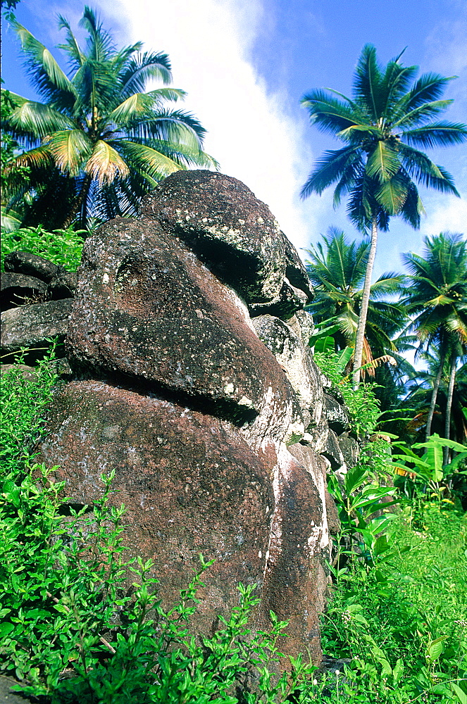 French Polynesia, Marquesas Archipelago, Nuku-Hiva Island, Taipi Vai Valley, Tiki (Stone Sculpture) On Ancient Religious Site ((Mea'e)