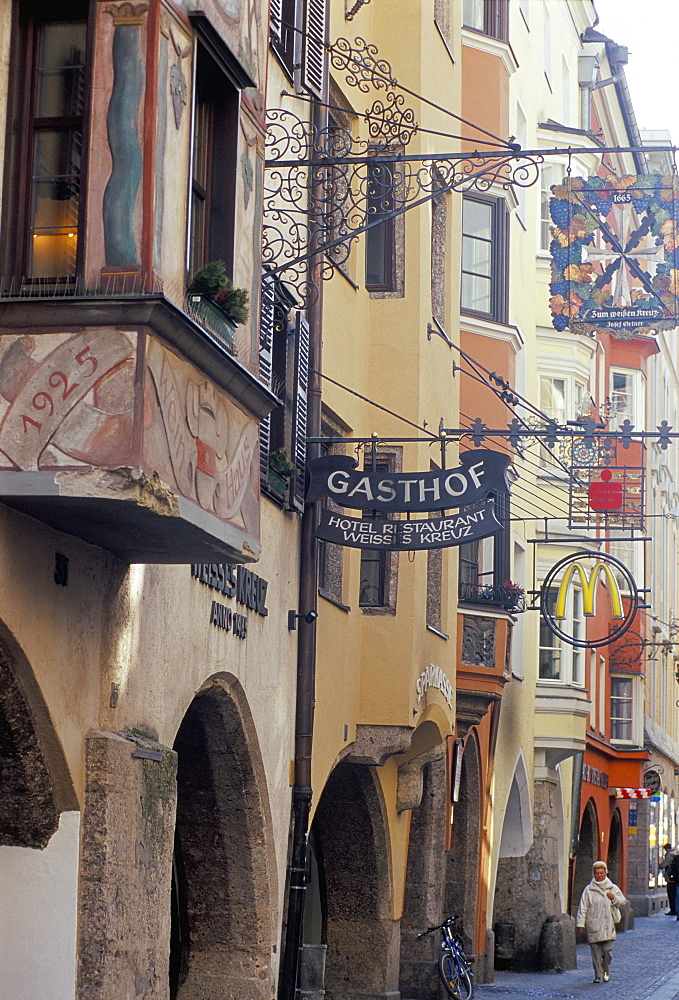 Shop signs overhanging street, Innsbruck, Tyrol, Austria, Europe