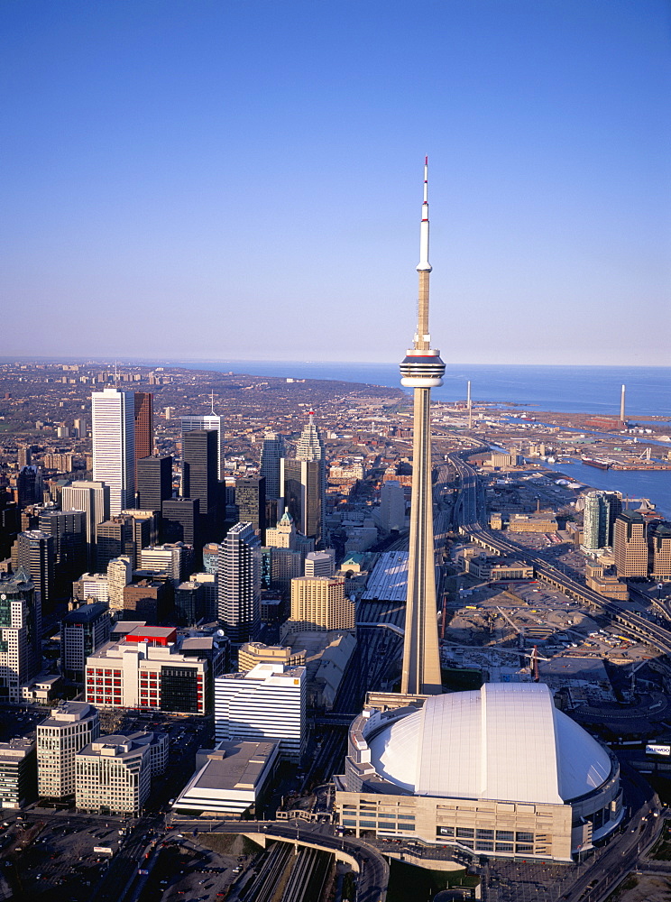 Aerial of downtown and shoreline at dusk, Toronto, Ontario, Canada, North America