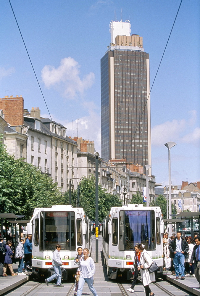 Modern city and tramways, Nantes, Loire Atlantique, France, Europe