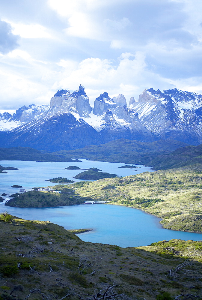 Cuernos del Paine (Horns of Paine) and the blue waters of Lake Pehoe, Torres del Paine National Park, Patagonia, Chile, South America