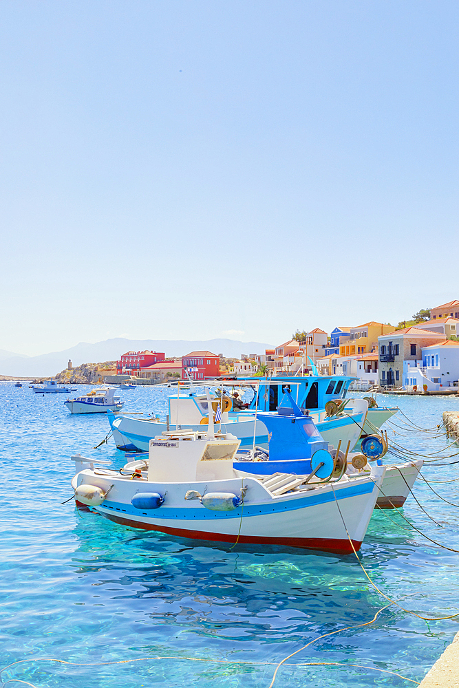 Fishing boats, Emporio harbour, Halki Island, Dodecanese Islands, Greek Islands, Greece, Europe