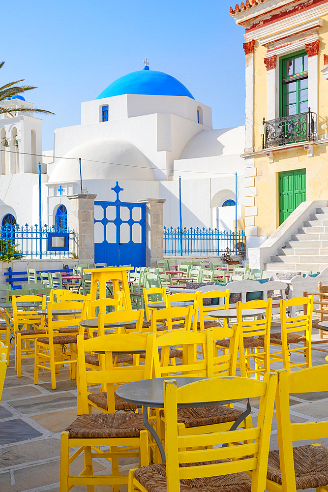 View of the colourful upper Chora central square, Chora, Serifos Island, Cyclades, Greek Islands, Greece, Europe