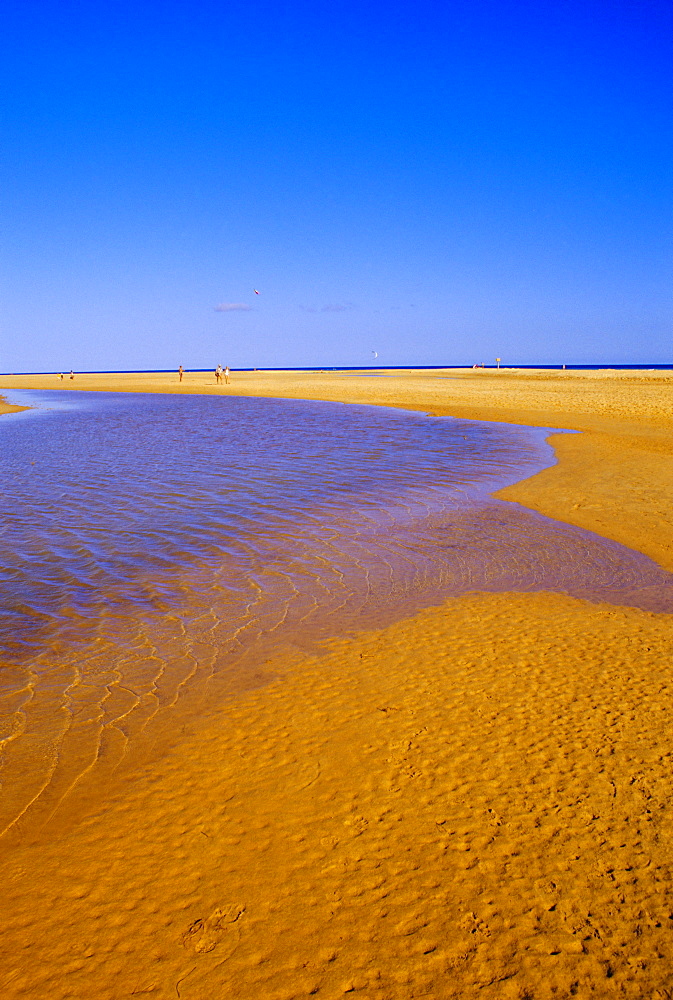 Blue lagoon and sandy beach, Playa de Sovento, Peninsula de Gania,  Fuerteventura, Canary Islands, Spain