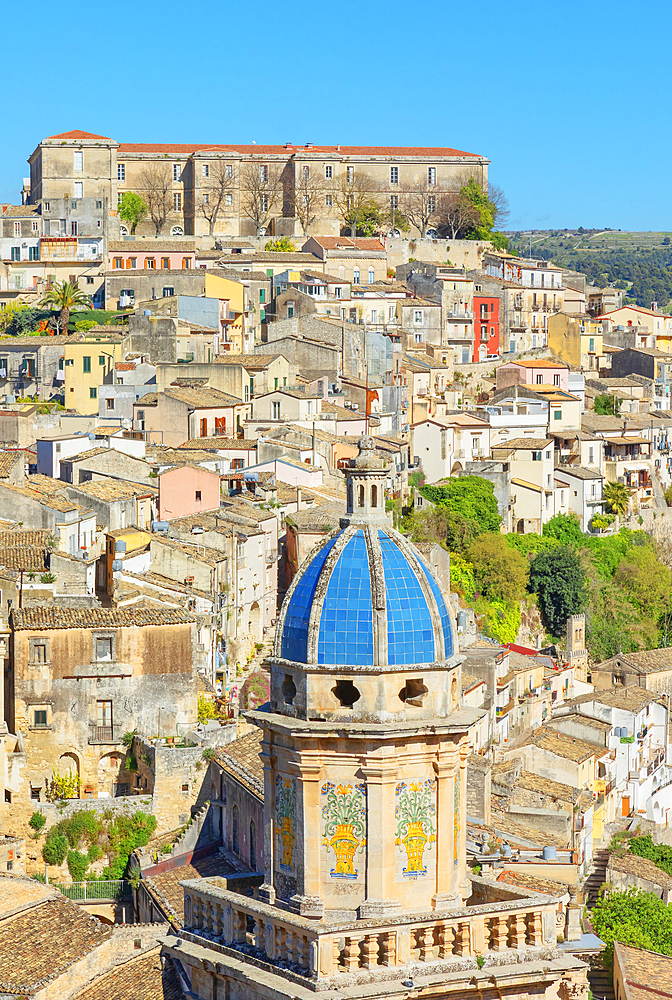 Elevated view of the church of Santa Maria dell'Itria and Ragusa Ibla in the distance, Ragusa Ibla, Ragusa province, Sicily, Italy