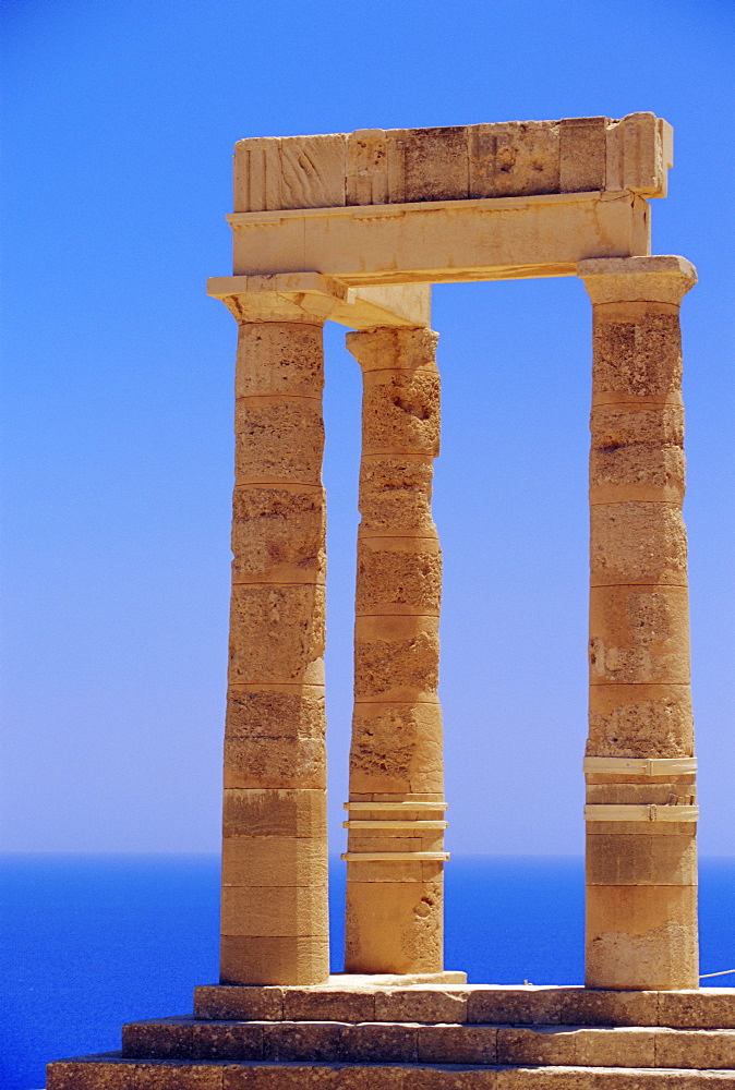 Remains of the Hellenistic stoa, Acropolis of Lindos, Lindos, Rhodes, Dodecanese Islands, Greece