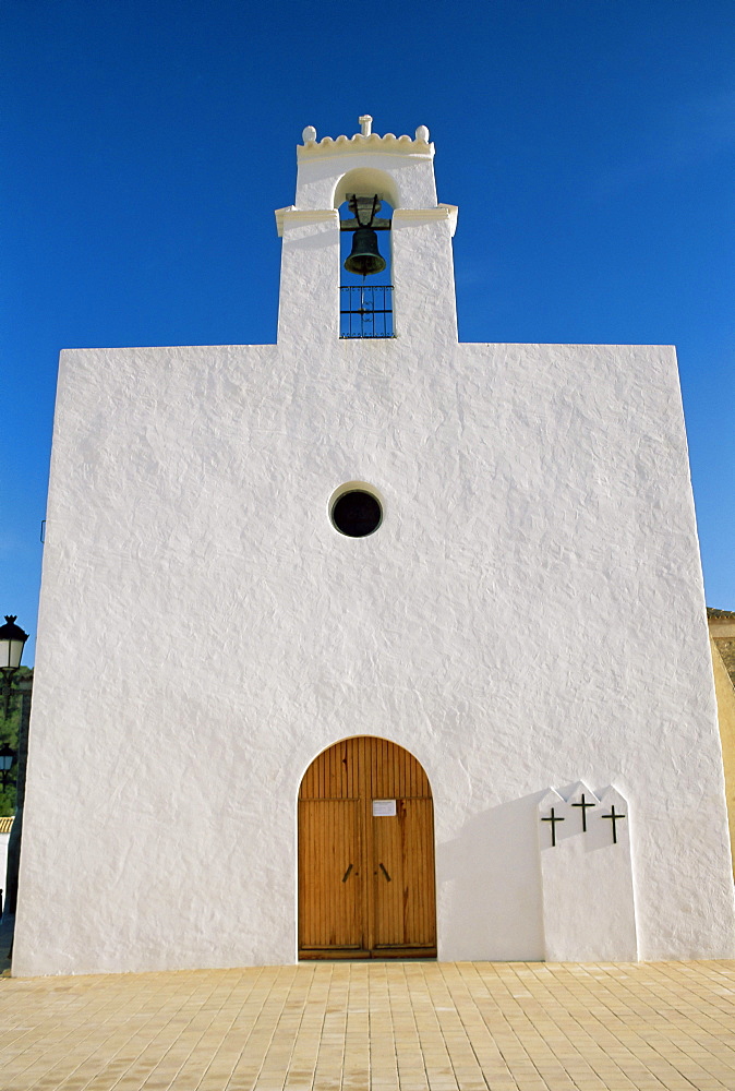 White facade of Sant Augusti de Vedra Christian church, Sant Augusti, Ibiza, Balearic Islands, Spain, Europe