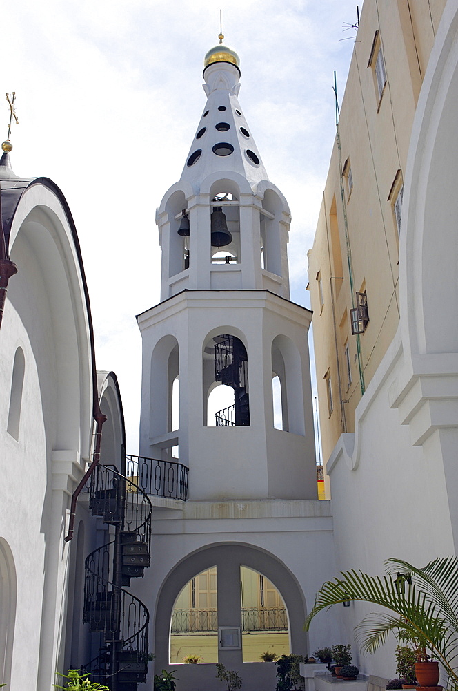 Belltower of the newly-built Russian Orthodox Cathedral in historic centre, Habana Vieja (Old Havana), Havana, Cuba, West Indies, Central America