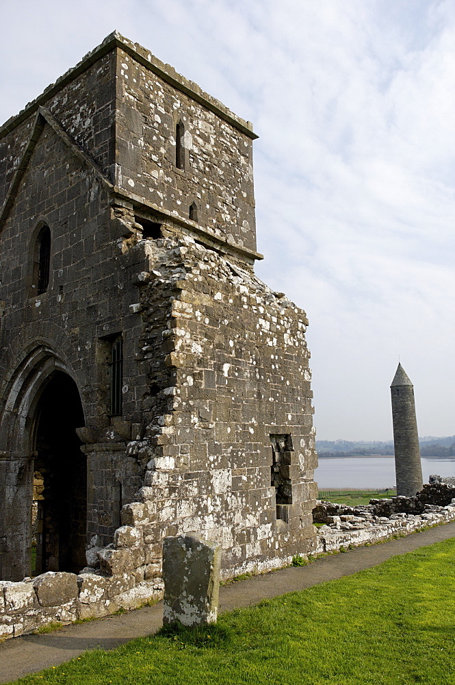 St. Mary's priory, Devenish, a monastic settlement with a history from the 6th to the 16th century, Devenish Island, Lough (lake) Erne, Enniskillen, County Fermanagh, Ulster, Northern Ireland, United Kingdom, Europe