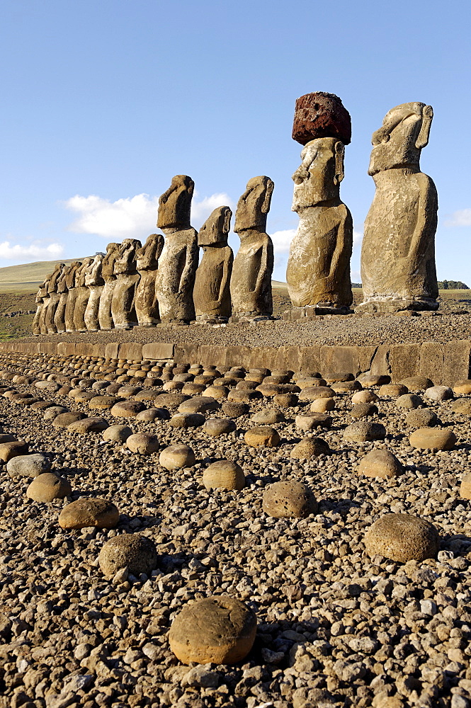 Ahu Tongariki where 15 moai statues stand with their backs to the ocean, Easter Island, UNESCO World Heritage Site, Chile, South America