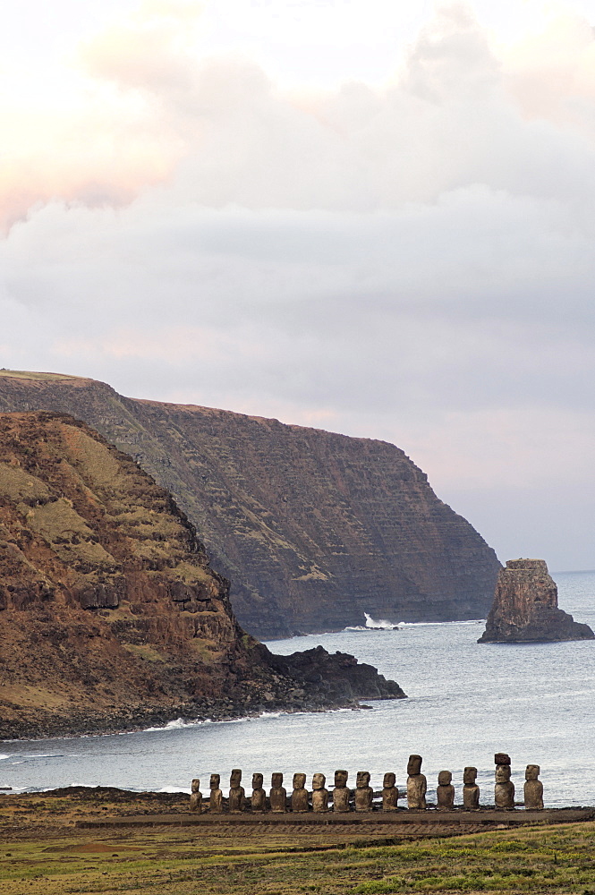 Ahu Tongariki where 15 moai statues stand with their backs to the ocean, Easter Island, UNESCO World Heritage Site, Chile, South America