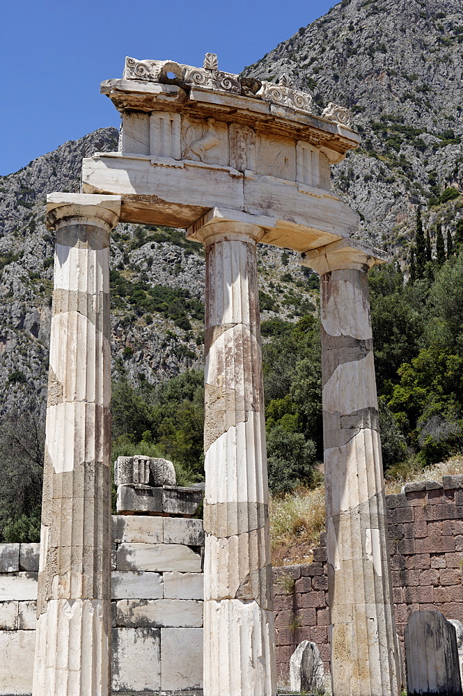 The tholos, a circular building created between 380 and 360 BC at the centre of the sanctuary of Athena Pronaia, Delphi, UNESCO World Heritage Site, Peloponnese, Greece, Europe