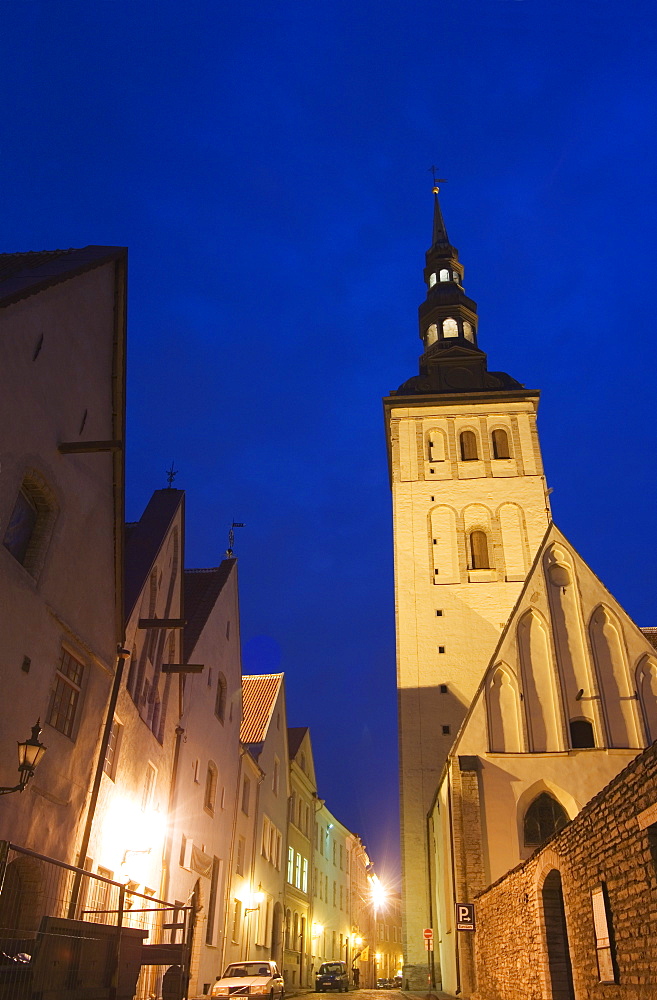 The 15th century Niguliste church lit up at night, Old Town, UNESCO World Heritage Site, Tallinn, Estonia, Baltic States, Europe