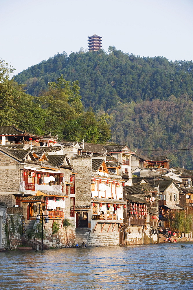 Hilltop pavilion overlooking the riverside old town of Fenghuang, Hunan Province, China, Asia