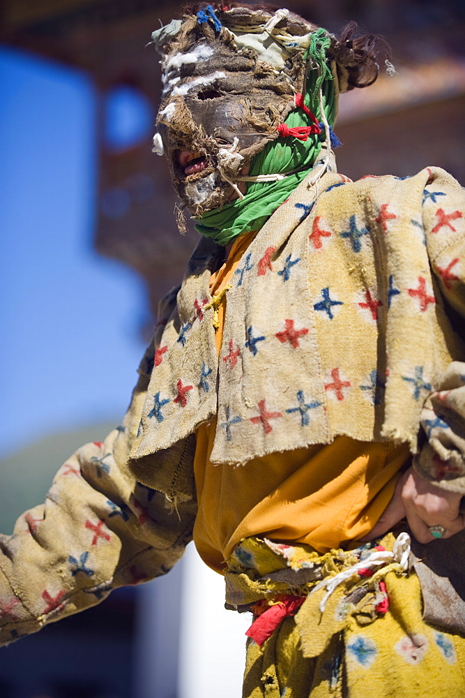 Dancers in costume at Tsechu (festival), Gangtey Gompa (Monastery), Phobjikha Valley, Bhutan, Asia