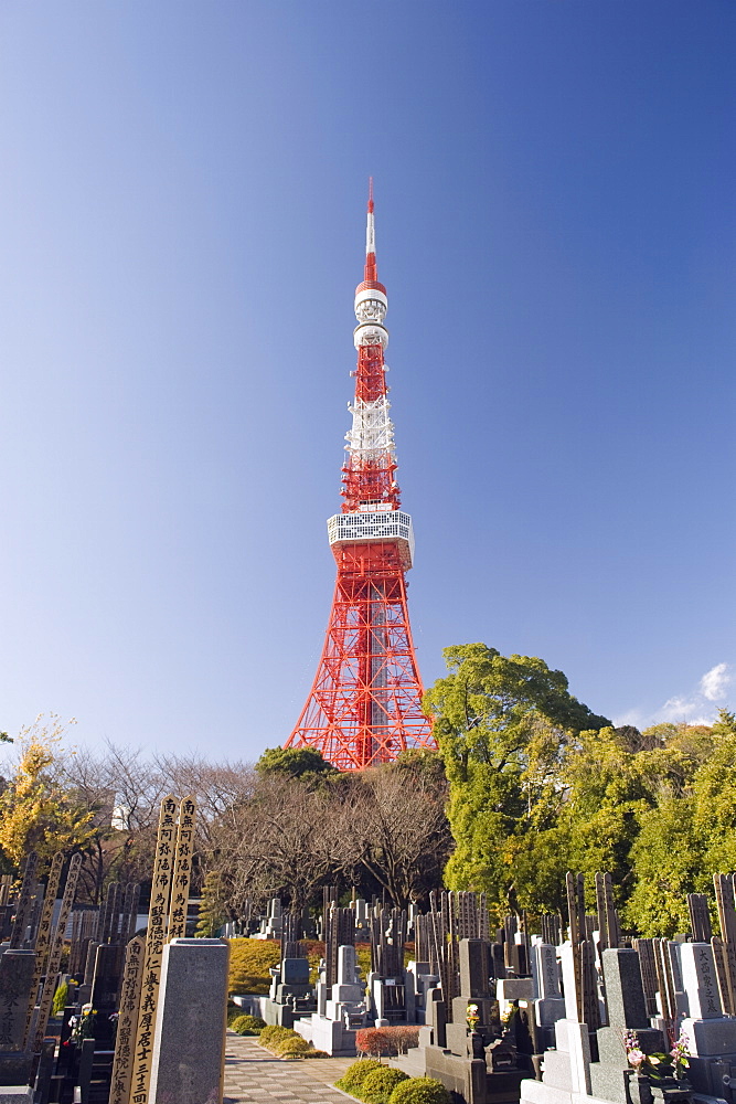 Grave stones in a cemetery at Zozoji (Zozo ji) temple and Tokyo Tower, Tokyo, Japan, Asia