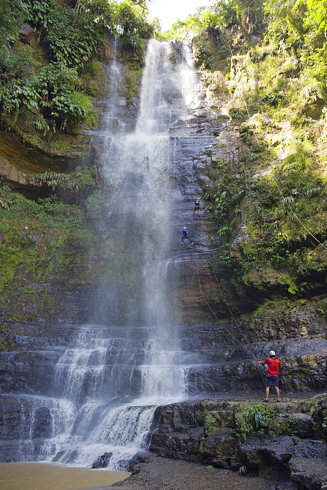 Rappelling on Juan Curi waterfall, adventure sports capital of Colombia, San Gil, Colombia, South America