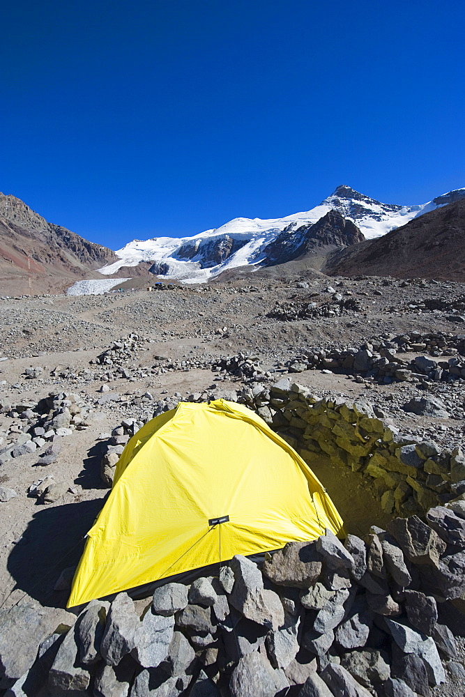 Tent at Plaza de Mulas base camp, Aconcagua 6962m, highest peak in the western hemisphere, Aconcagua Provincial Park, Andes mountains, Argentina, South America