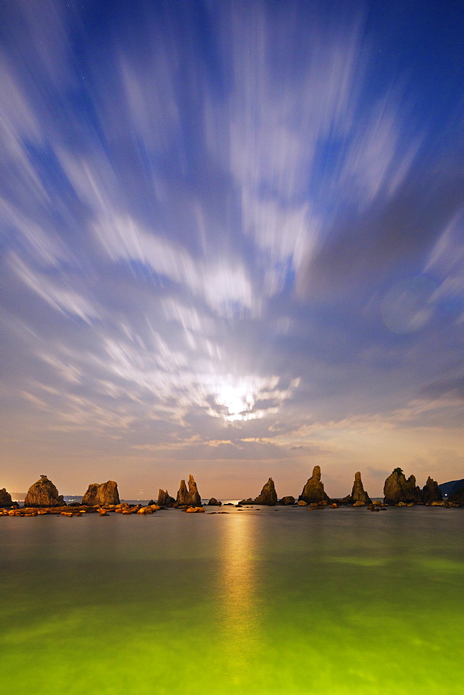 Full moon rising over rock stacks, Hashikuiiwa, Wakayama Prefecture, Honshu, Japan, Asia