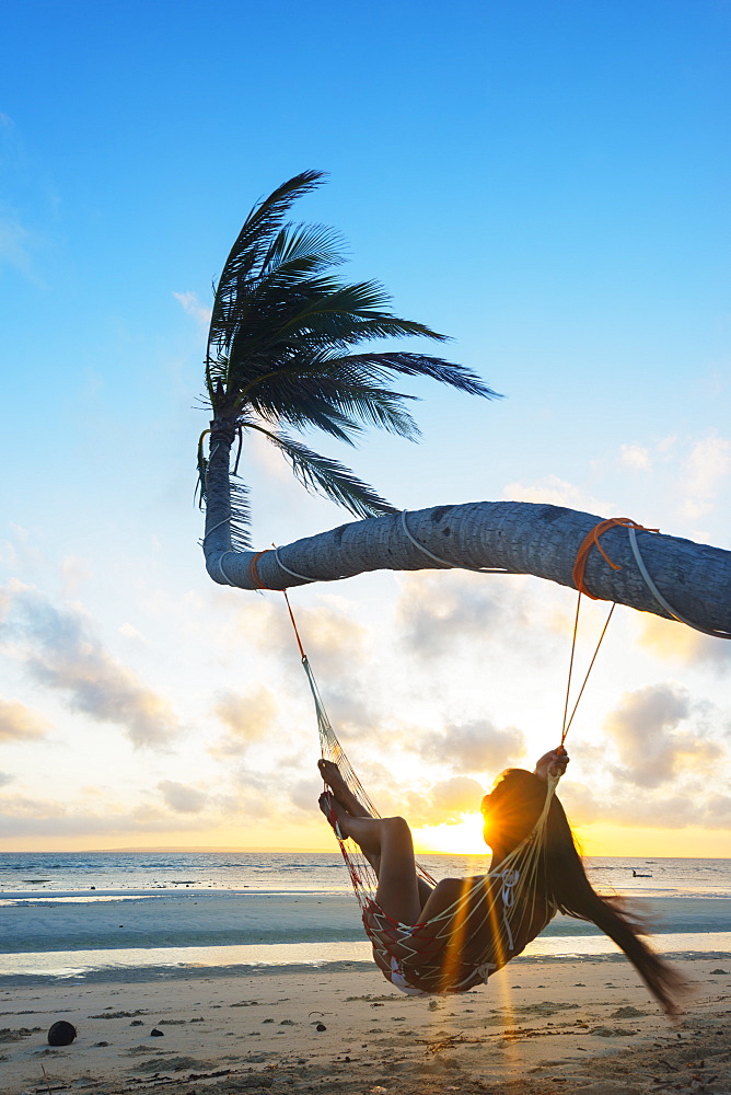 Girl in hammock on Sugar Beach, Bantayan Island, Cebu, The Visayas, Philippines, Southeast Asia, Asia