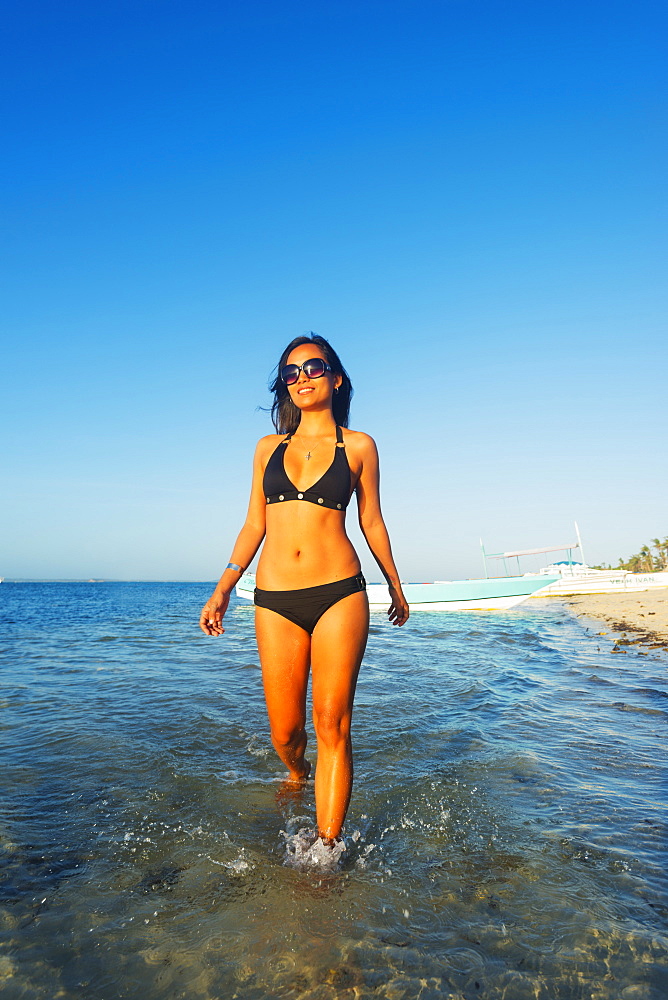 Girl on Bounty Beach, Malapascua Island, Cebu, The Visayas, Philippines, Southeast Asia, Asia