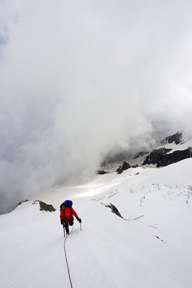 Climber on Gouter north ridge on Mont Blanc, Chamonix Valley, Rhone Alps, Haute Savoie, France, Europe