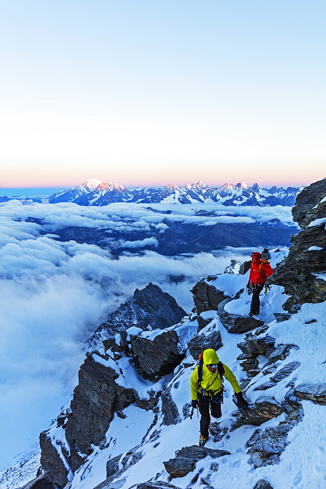 Sunrise view to Mont Blanc in France from Grand Combin, Valais, Swiss Alps, Switzerland, Europe